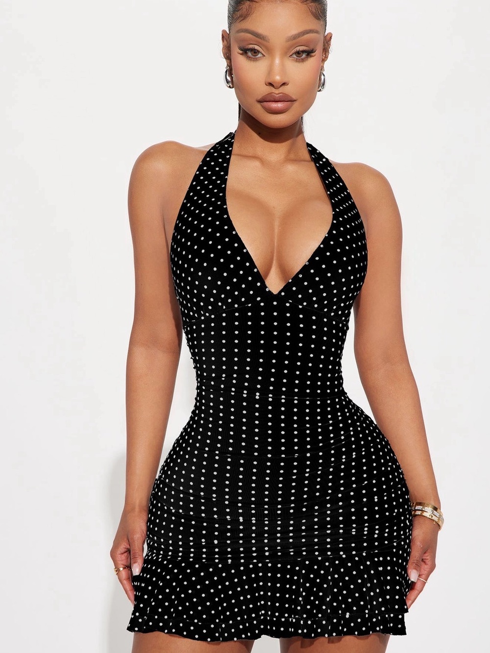 Fashion Nova Black & White Polka Dot Halter Mini Dress